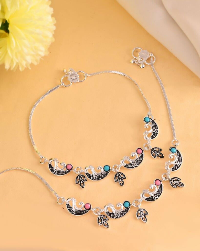 VOJ Set of 2 Silver Plated Stainless Steel Multi Color Anklet 