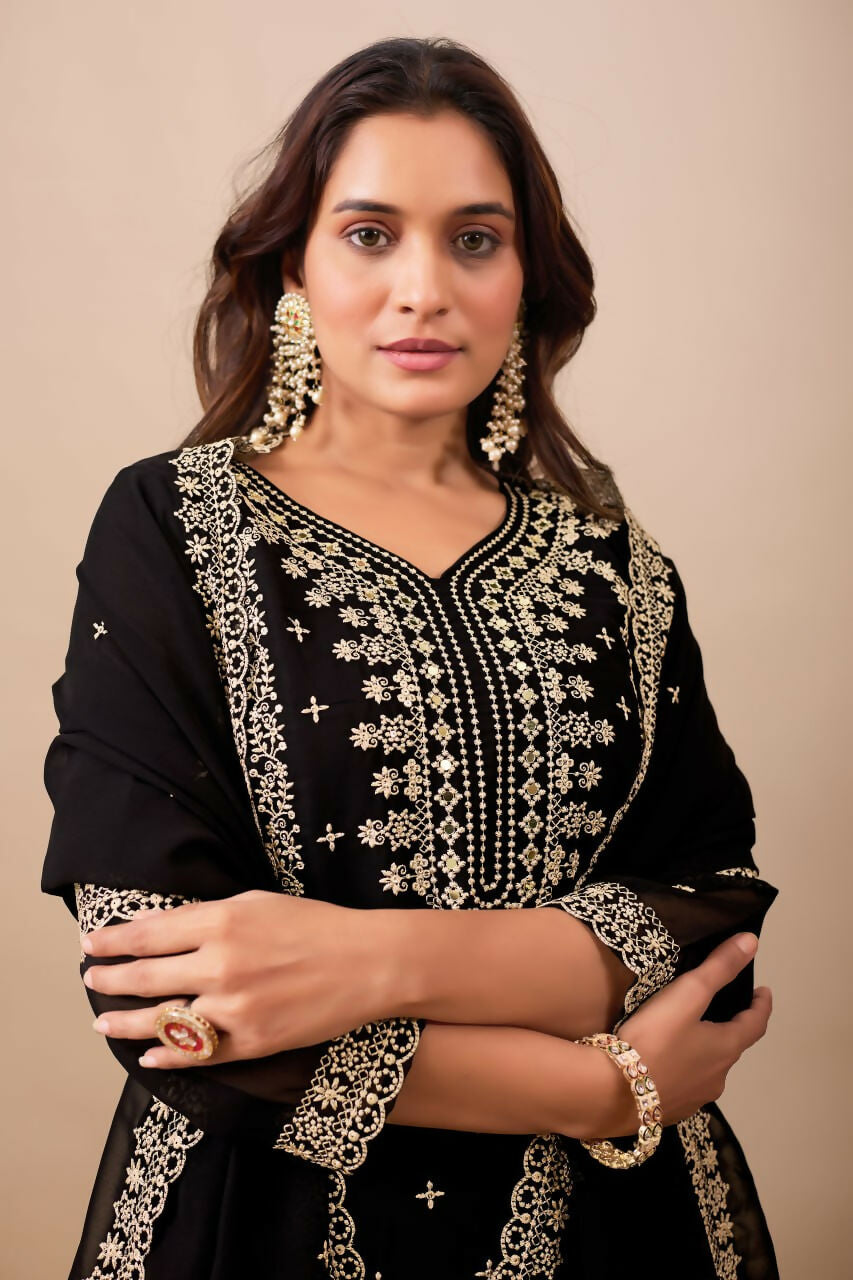 Joban Fashion Black Velvet Embroidery Sequence Work Readymade Kurta Set