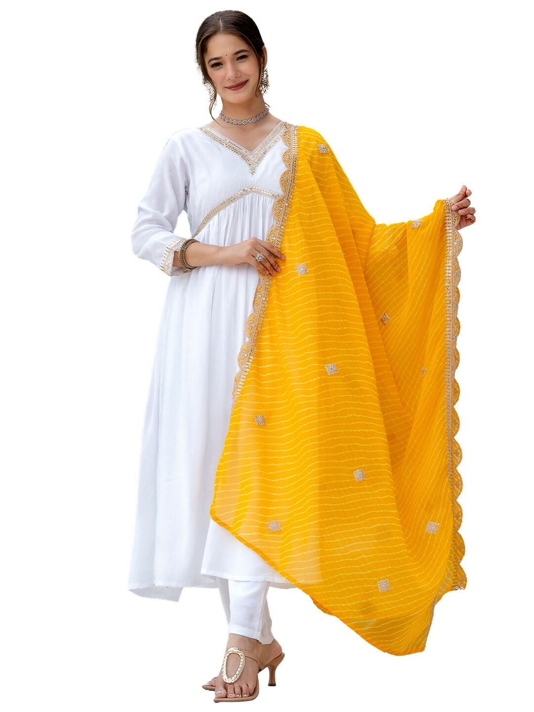 The52 White Women's Gorgeous Embroidered Chanderi Fabric Straight Kurta, Pant and Dupatta Set | Grab2Buy
