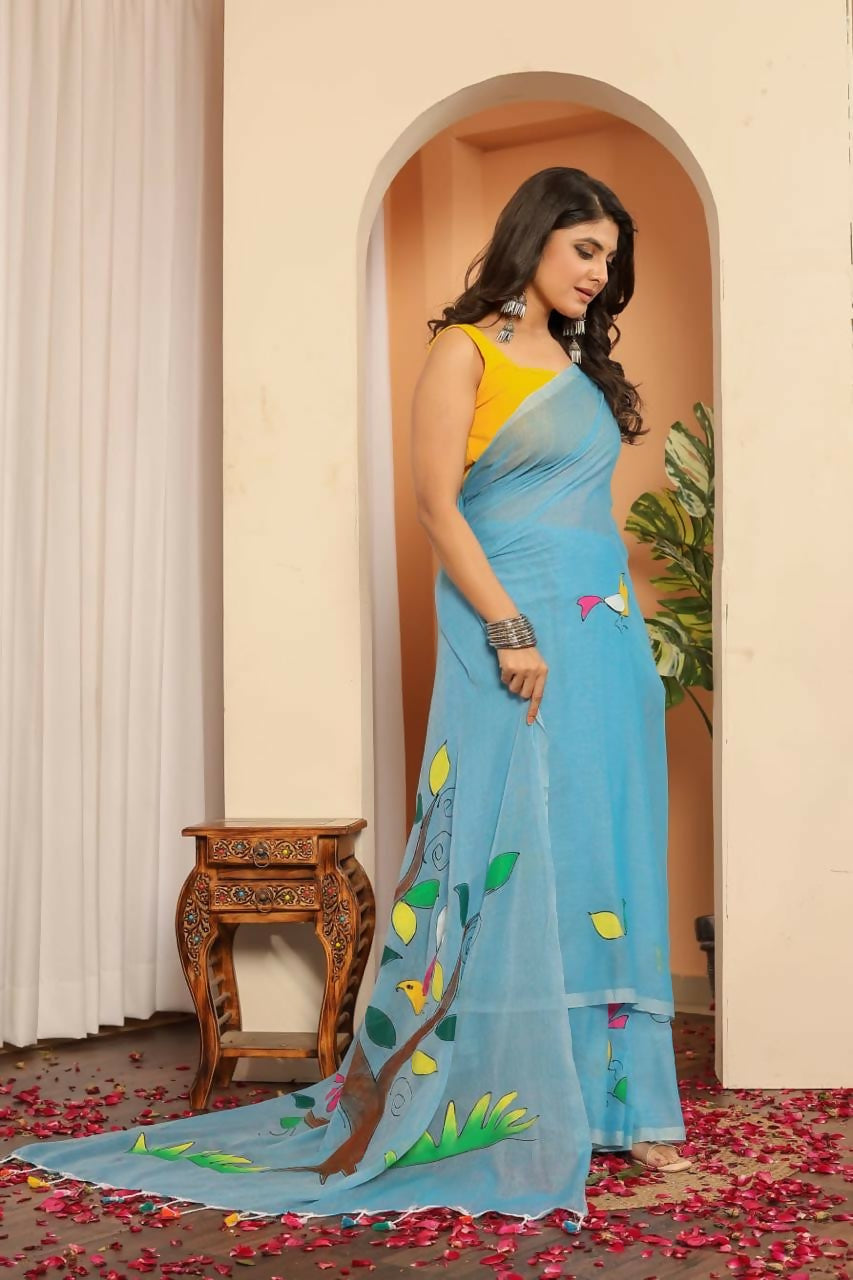 Exclusive Collection Beautiful Light Sky Pure Cotton Hand Print Handloom Grab2Buy With Running Blouse Piece 