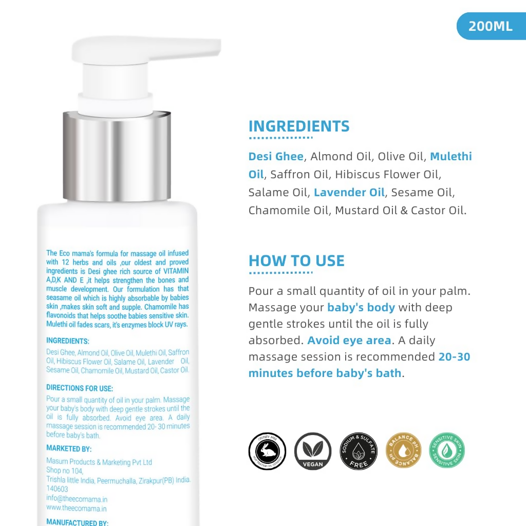 The Eco Mama Baby Massage Oil Infused With Desi Ghee, Mulethi Oil & Chamomile  Grab2Buy The Eco Mama Grab2Buy