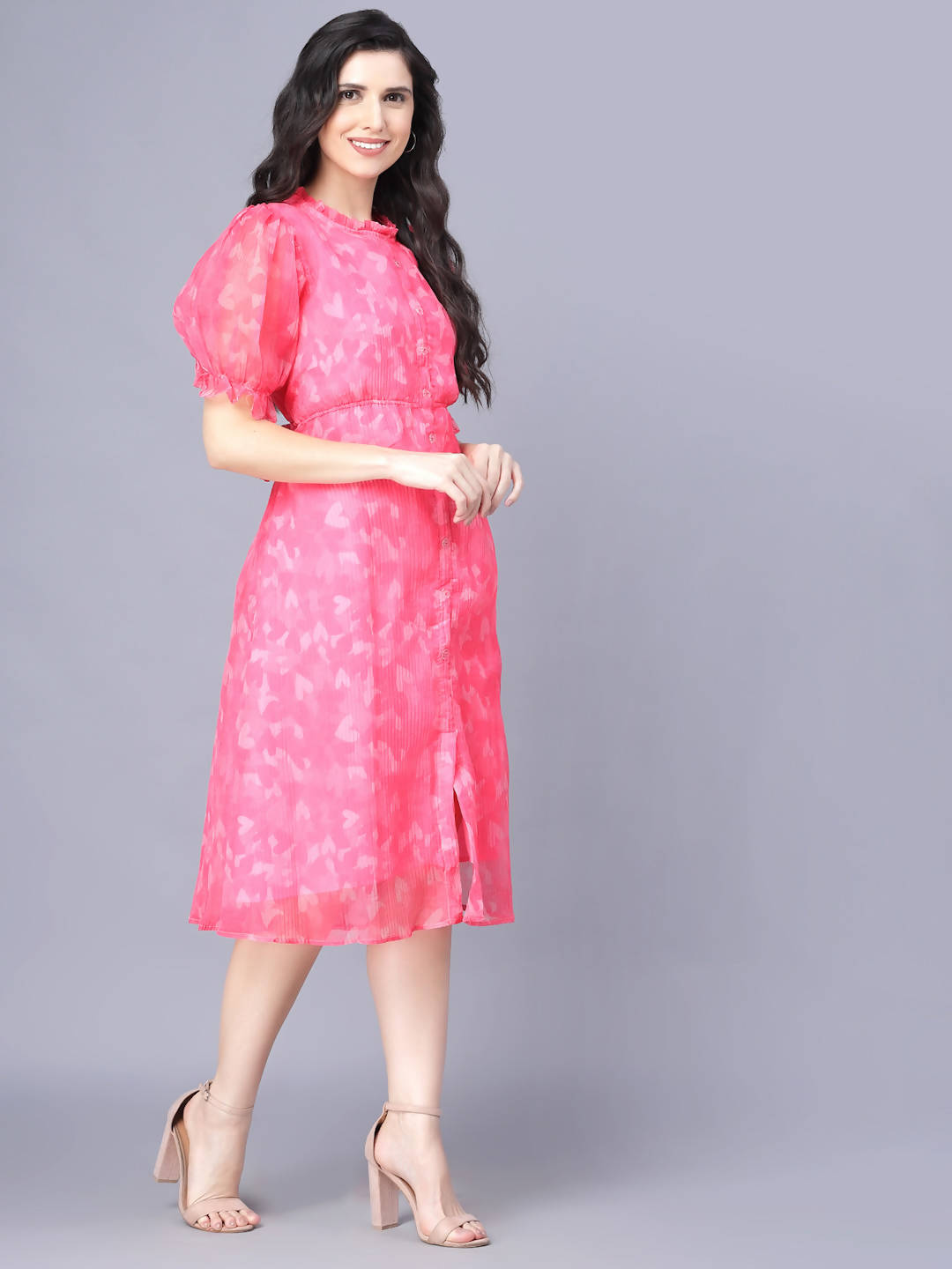 Myshka Women Pink White Floral Organic Cotton Midi Dress