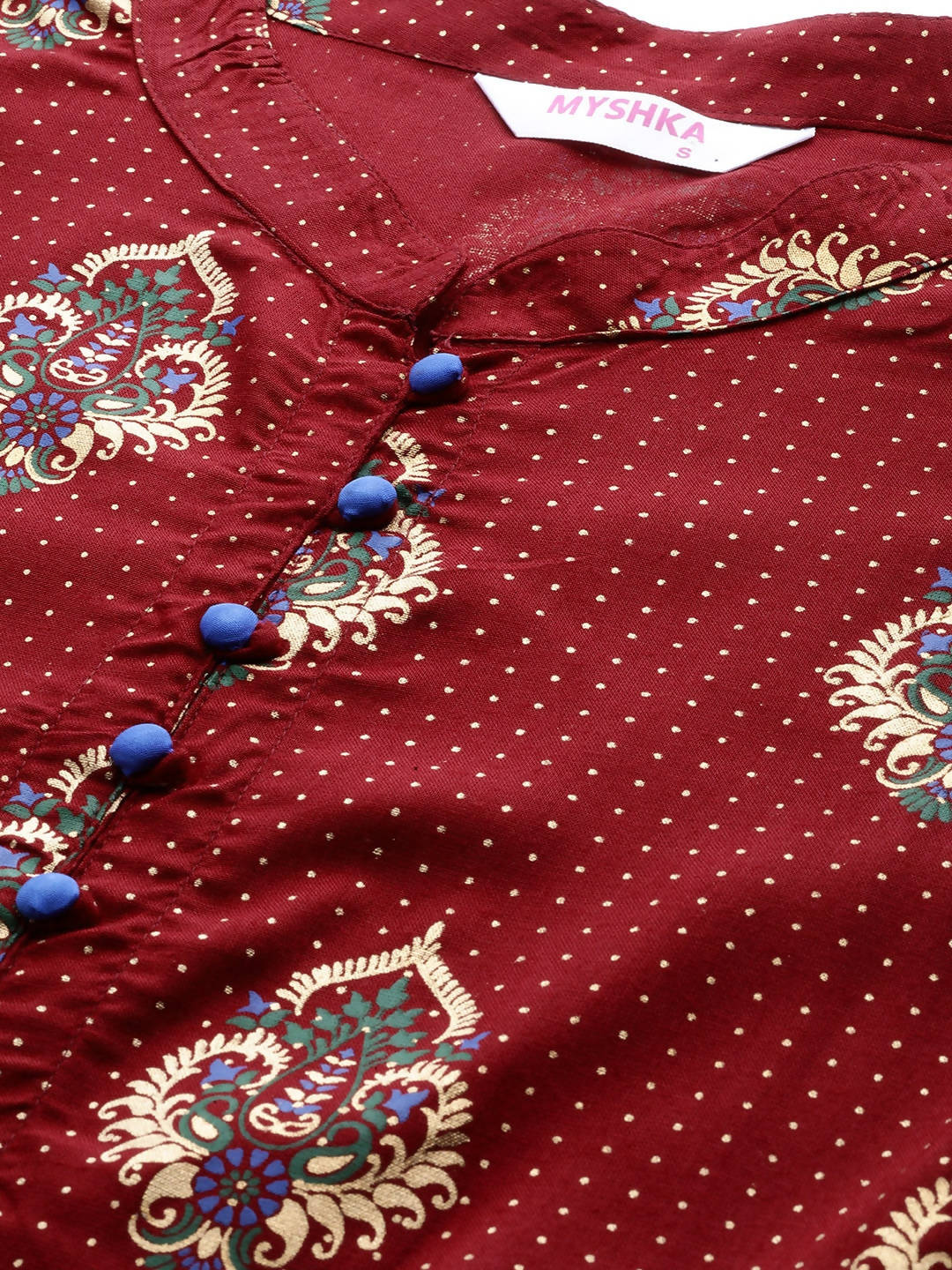 Myshka Maroon & Golden Ethnic Motifs Printed Cotton Maxi Dress