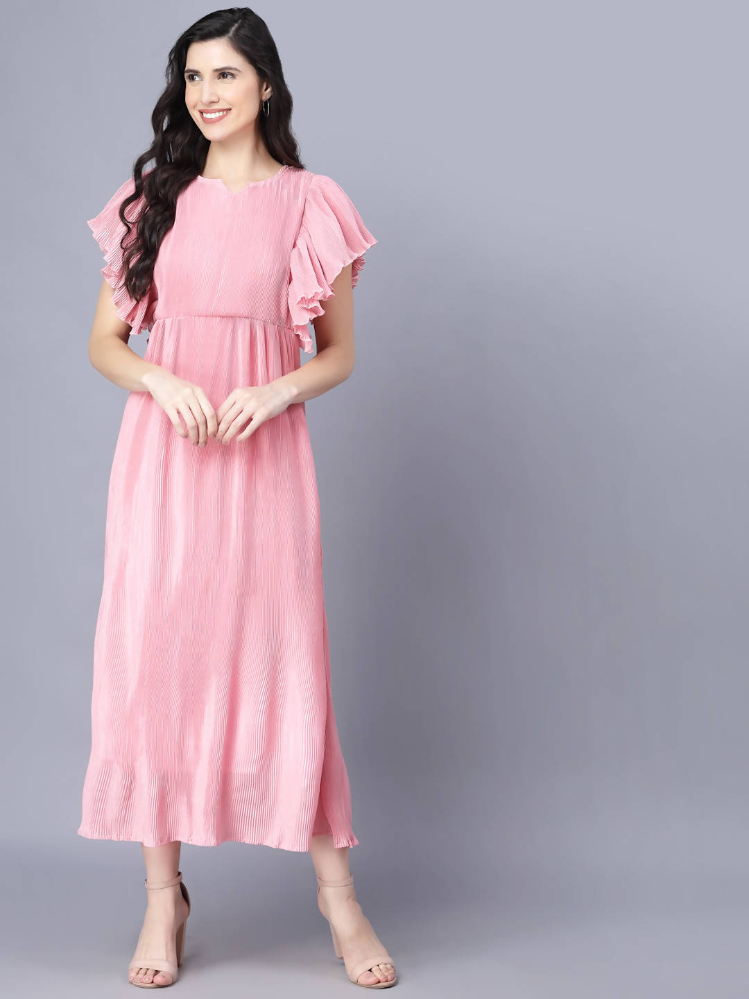Myshka Chiffon Solid Short Sleeve Round Pink Women Dress