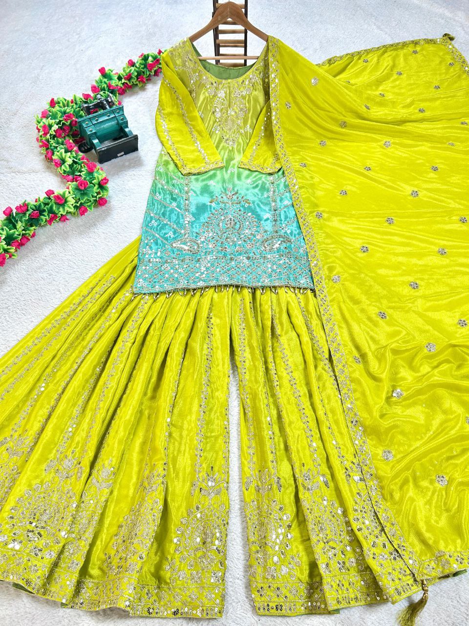 Prazu Fashion Parrot Green Chinon Silk Embroidered Sharara Suit