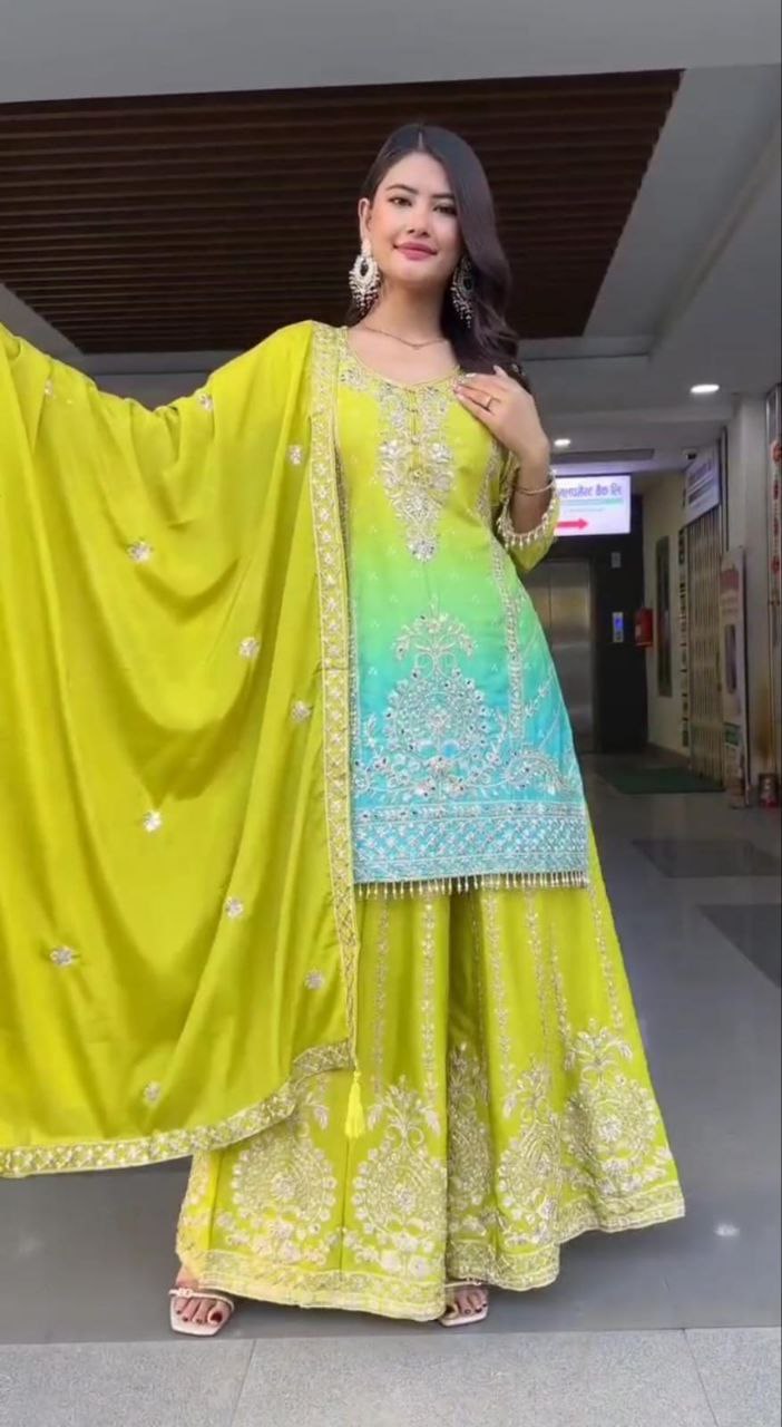 Prazu Fashion Parrot Green Chinon Silk Embroidered Sharara Suit
