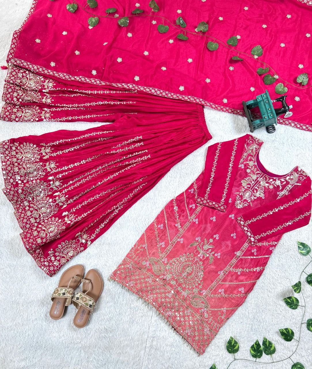 Prazu Fashion Pink Chinon Silk Embroidered Sharara Suit