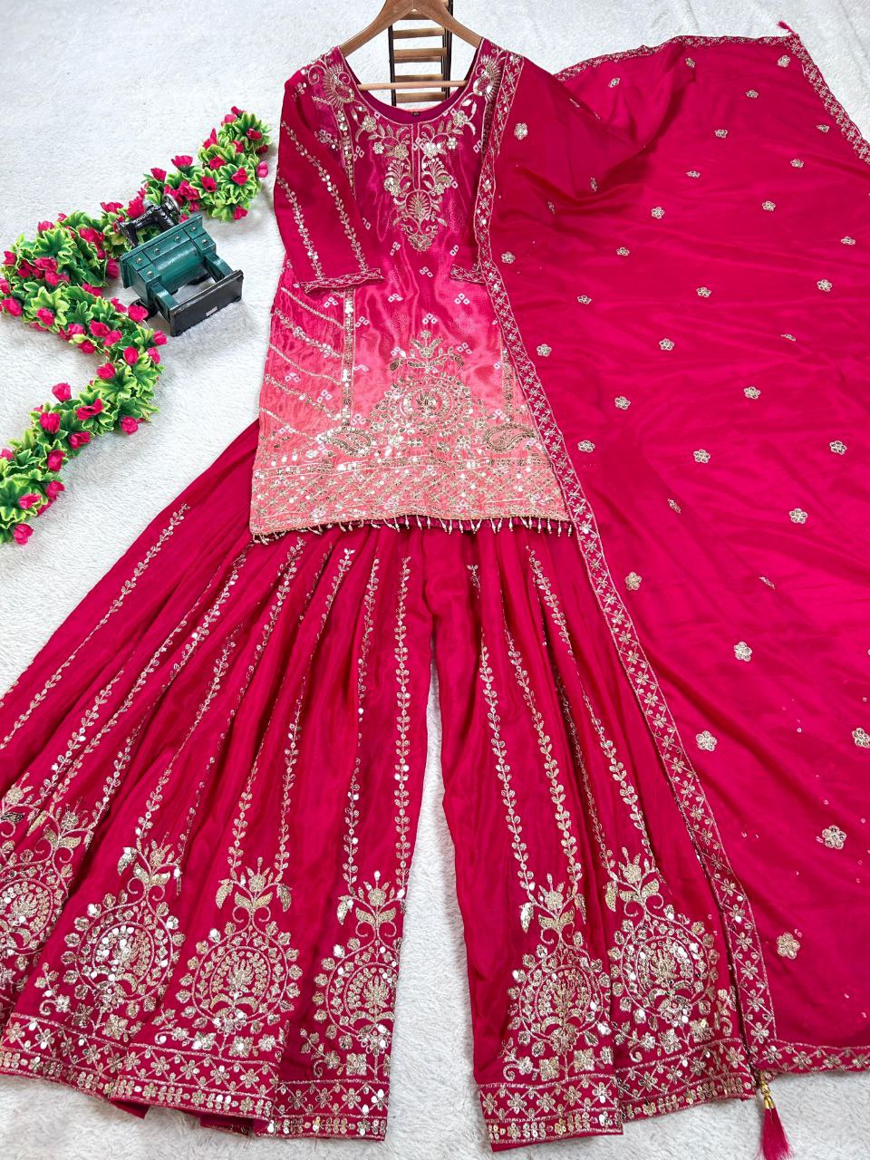 Prazu Fashion Pink Chinon Silk Embroidered Sharara Suit