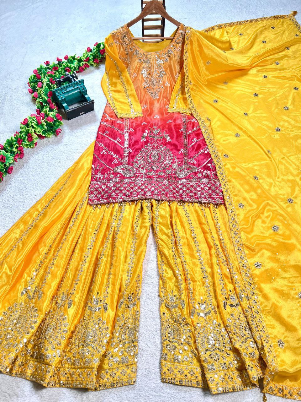 Prazu Fashion Yellow Chinon Silk Embroidered Sharara Suit