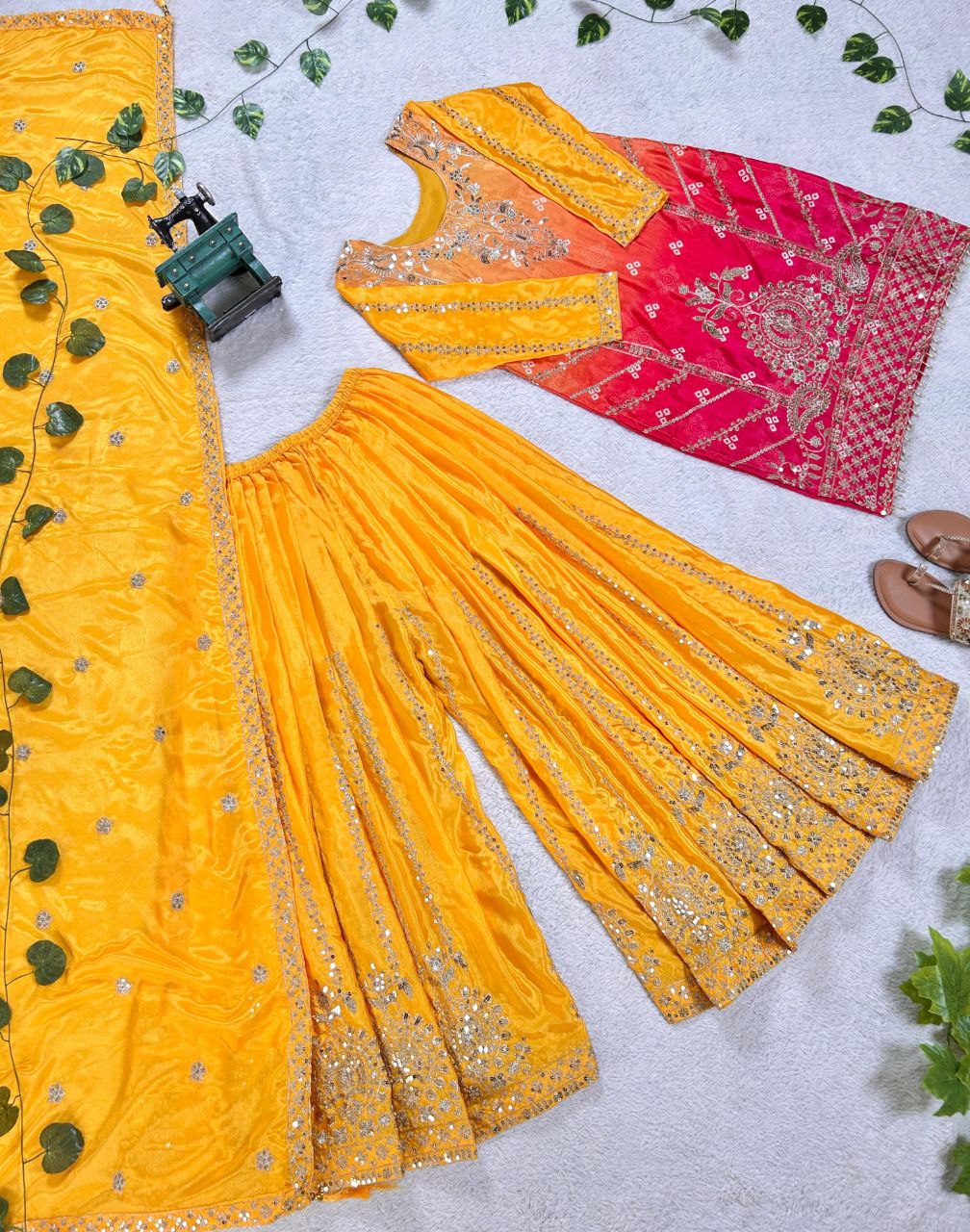 Prazu Fashion Yellow Chinon Silk Embroidered Sharara Suit