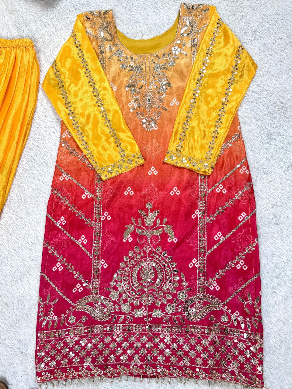 Prazu Fashion Yellow Chinon Silk Embroidered Sharara Suit