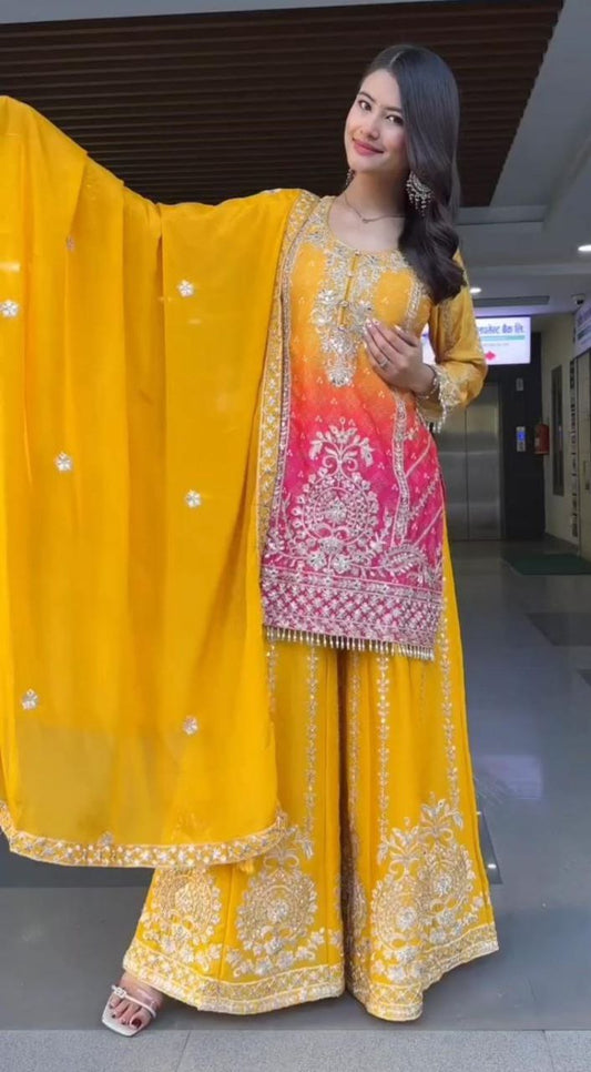 Prazu Fashion Yellow Chinon Silk Embroidered Sharara Suit
