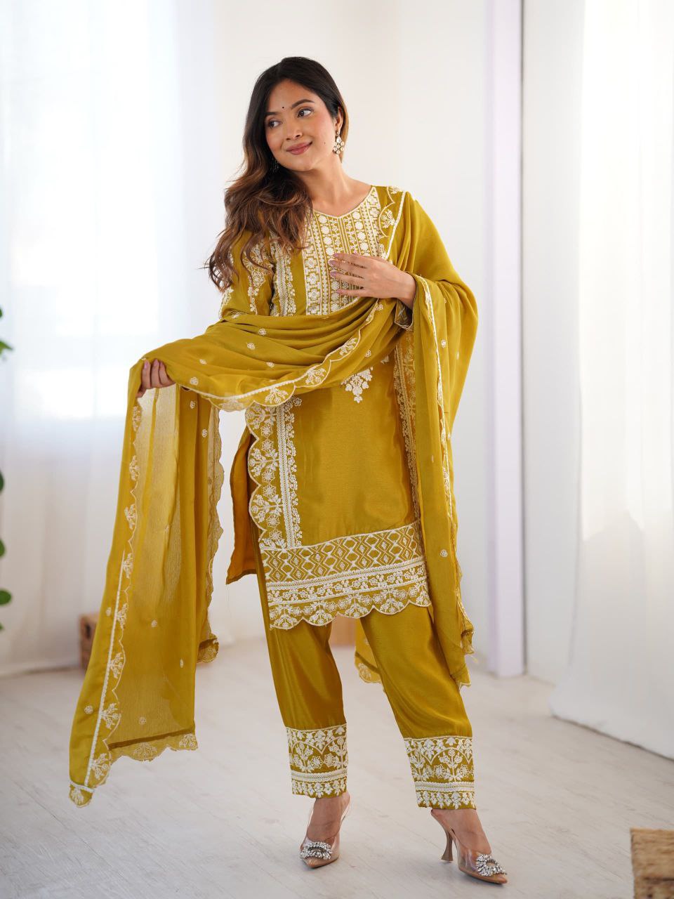 Prazu Fashion Yellow Chinon Silk Embroidered Salwar Suit