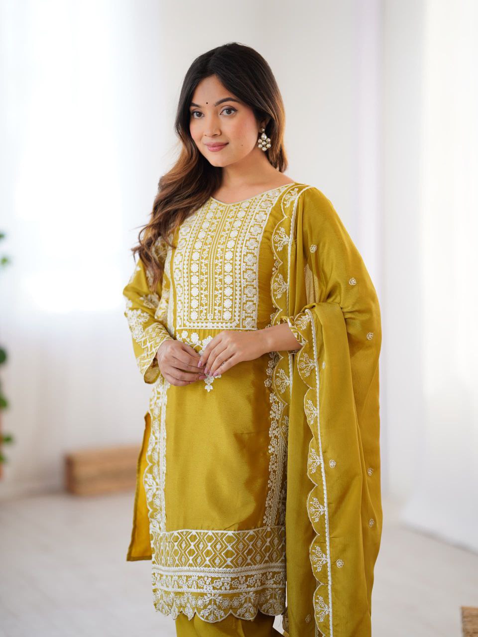 Prazu Fashion Yellow Chinon Silk Embroidered Salwar Suit