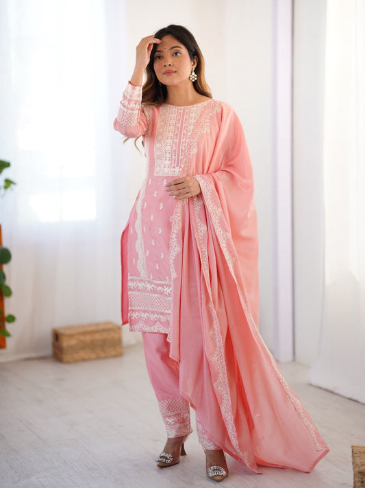 Prazu Fashion Baby Pink Chinon Silk Embroidered Salwar Suit