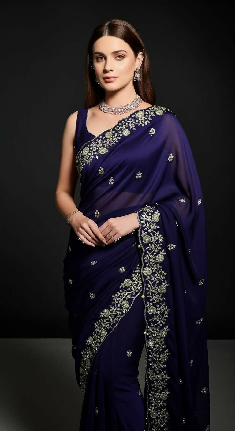 Joban Fashion Blue Fandy Satin Silk Party Wear Sarees