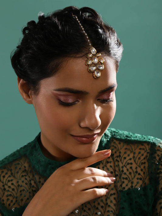 White Gold-Plated Kundan Studded Beaded Maang Tikka - Ruby Raang - Grab2buy