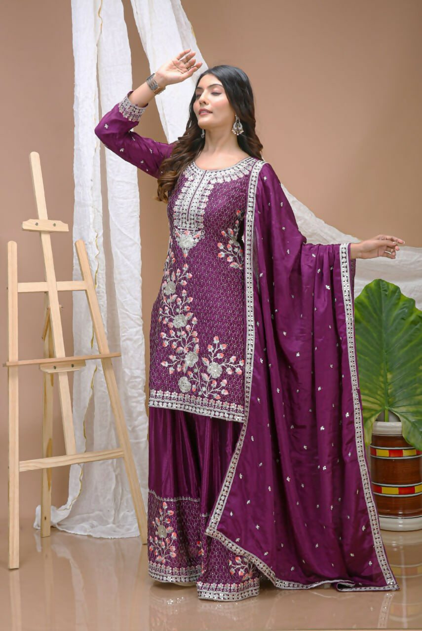 Teeya Creation Wine Color Chinon Silk Wedding Wear Trending Palazzo Set