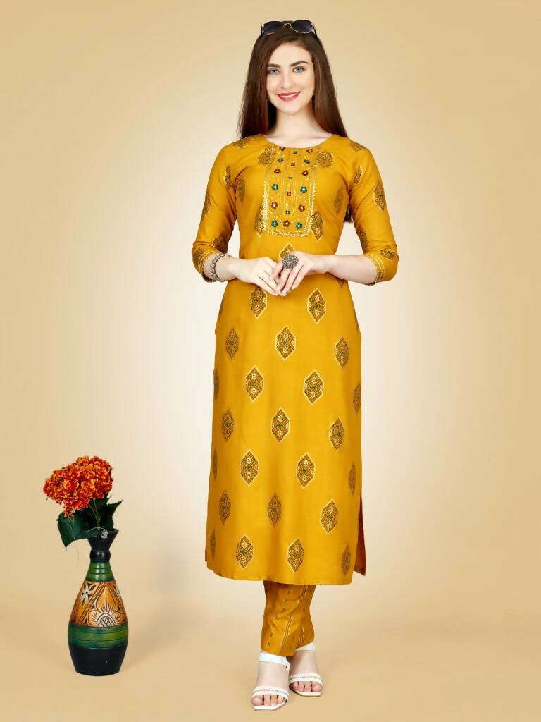 Aastha Fashion Women's Yellow Viscose Rayon Embroidered Kurta Pant Set - Grab2buy