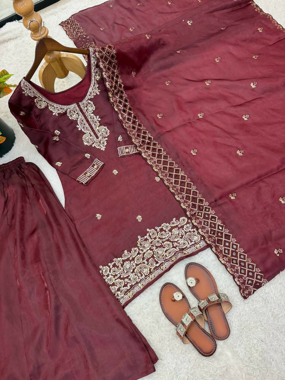 Teeya Creation Womens New Trendy Stylish Embroidery Beads Work Palazzo Kurta Set -Maroon