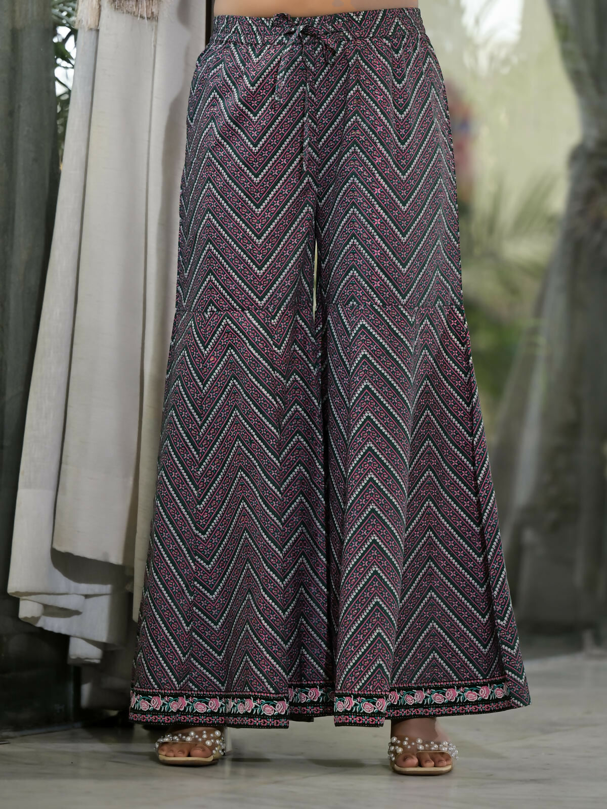 Juniper Women's Green Floral Printed Georgette Kurta Sharara & Dupatta Set With Sequins