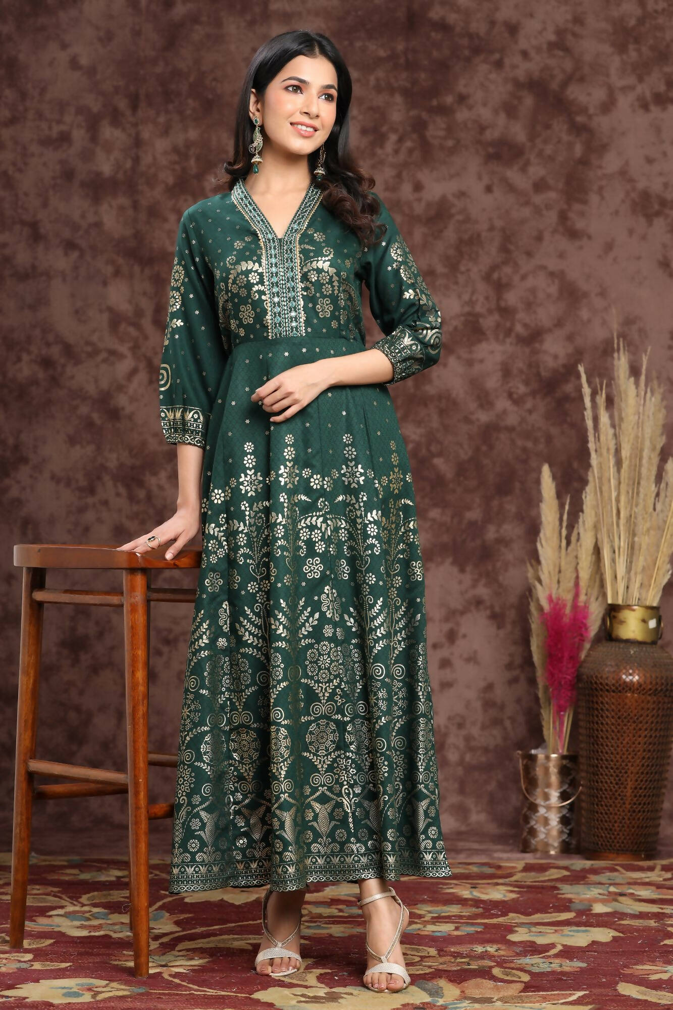 Juniper Women Jadegreen Rayon Printed Anarkali Dress