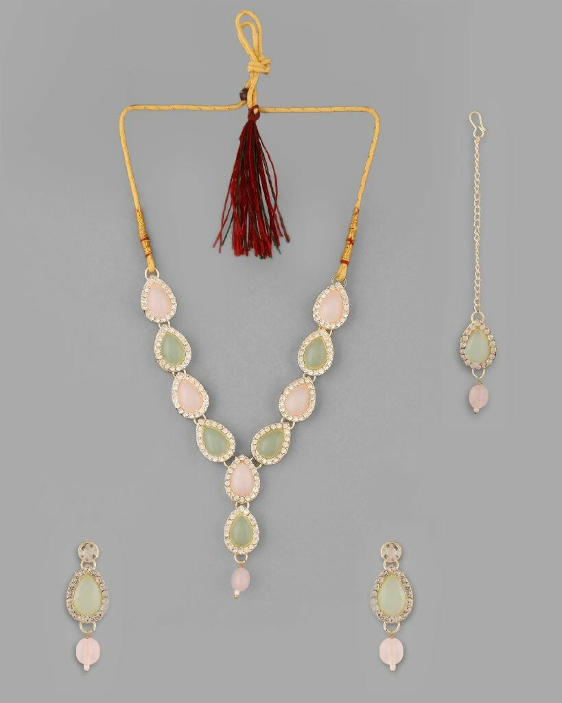VOJ Gold Plated Nude Pink And Mint Green Stone Studded Jewellery Set With Maang Tikka - Grab2buy