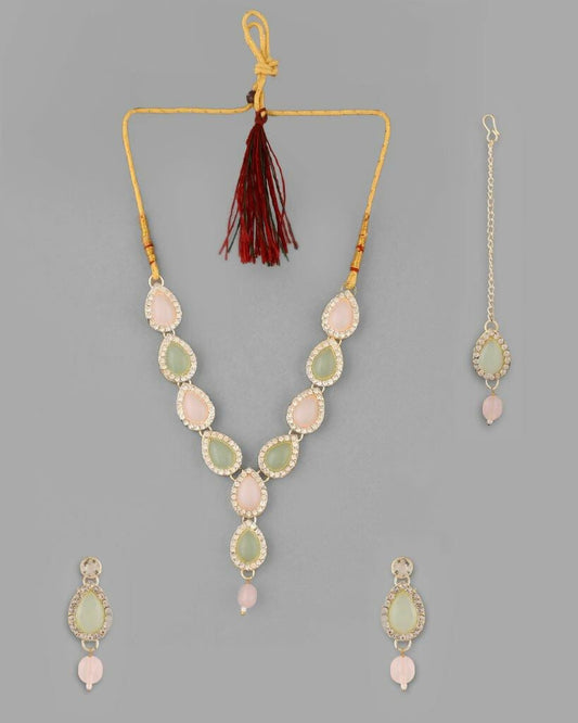 VOJ Gold Plated Nude Pink And Mint Green Stone Studded Jewellery Set With Maang Tikka - Grab2buy
