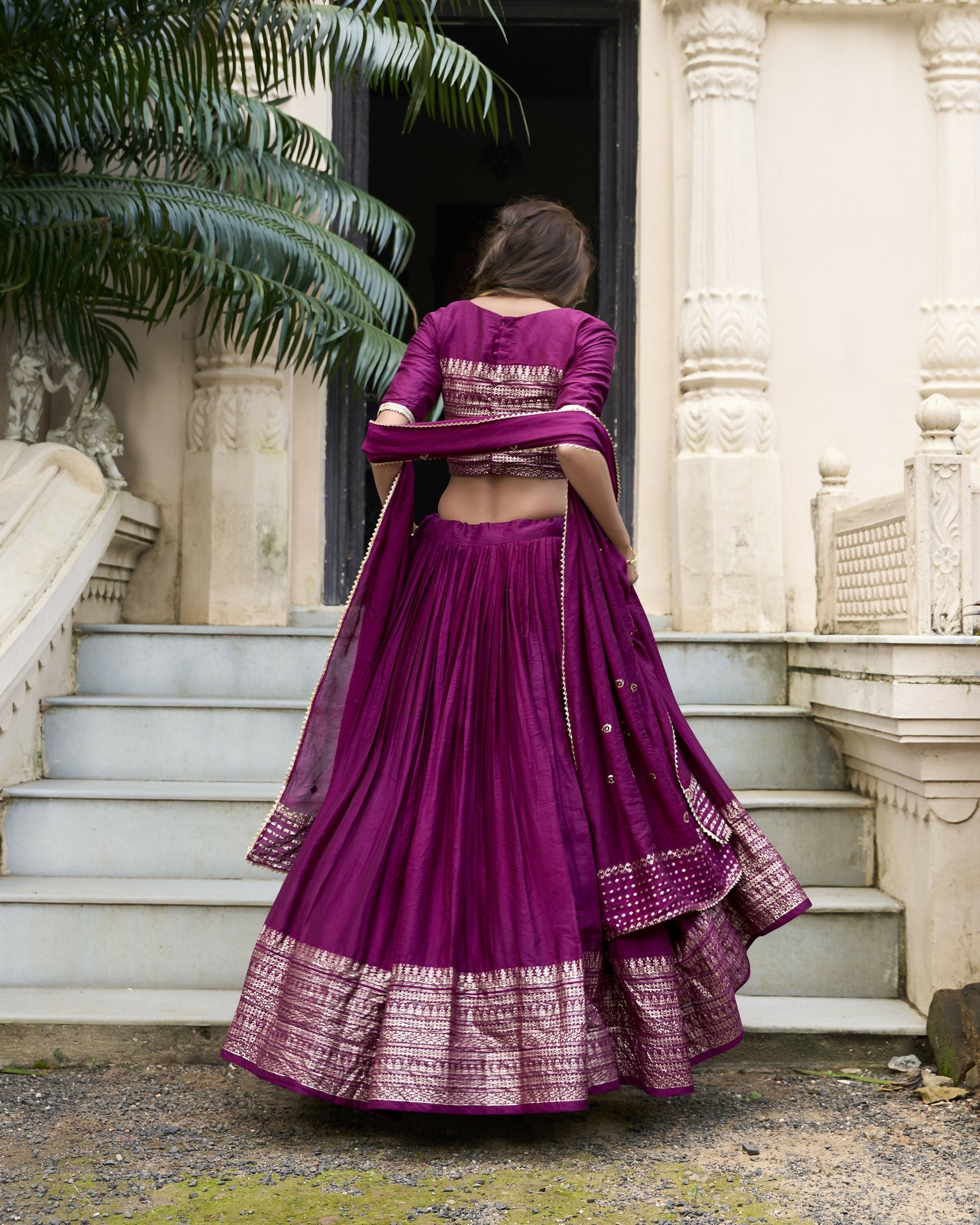 Lorenvalley Wine Pure Chanderi Plain With Zari Weaving Work Border Lehenga Choli 
