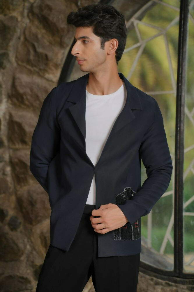 Noir Canvas Blazer – Black 4-Way Stretch Graphic Detail Suit For Men | Wedding & Party Wear by Hilo Design