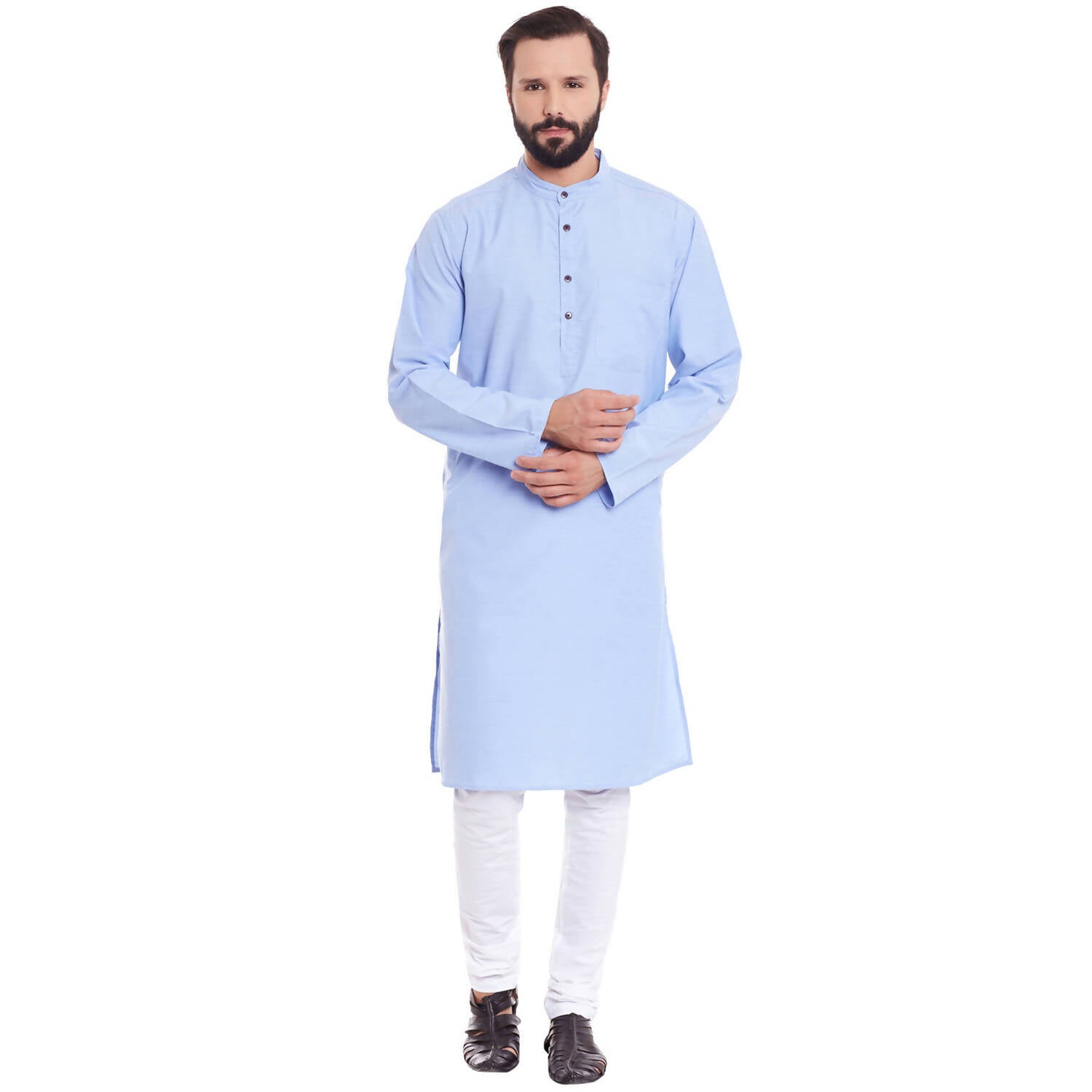 Even Apparels Blue Color Pure Cotton Men's Kurta With Band Collar 