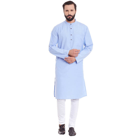 Even Apparels Blue Color Pure Cotton Men's Kurta With Band Collar 