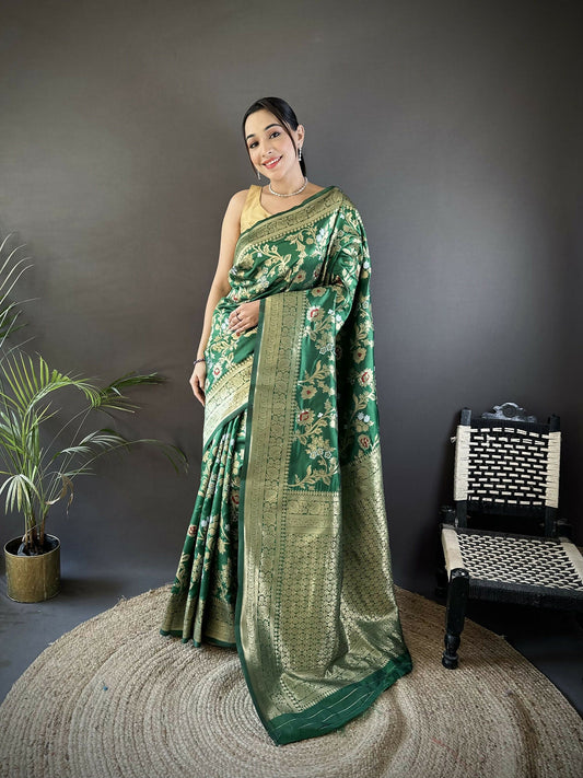 Joban Fashion Green Floral & Ethnic Motifs Design Soft Silk Meenakari Banarasi Saree