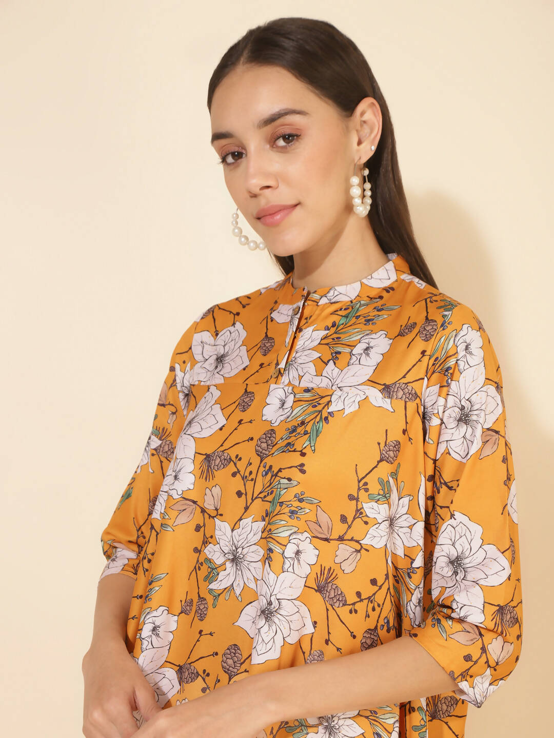 Janasya Women's Mustard Moss Digital Floral Printed Casual A-line Co-ords 