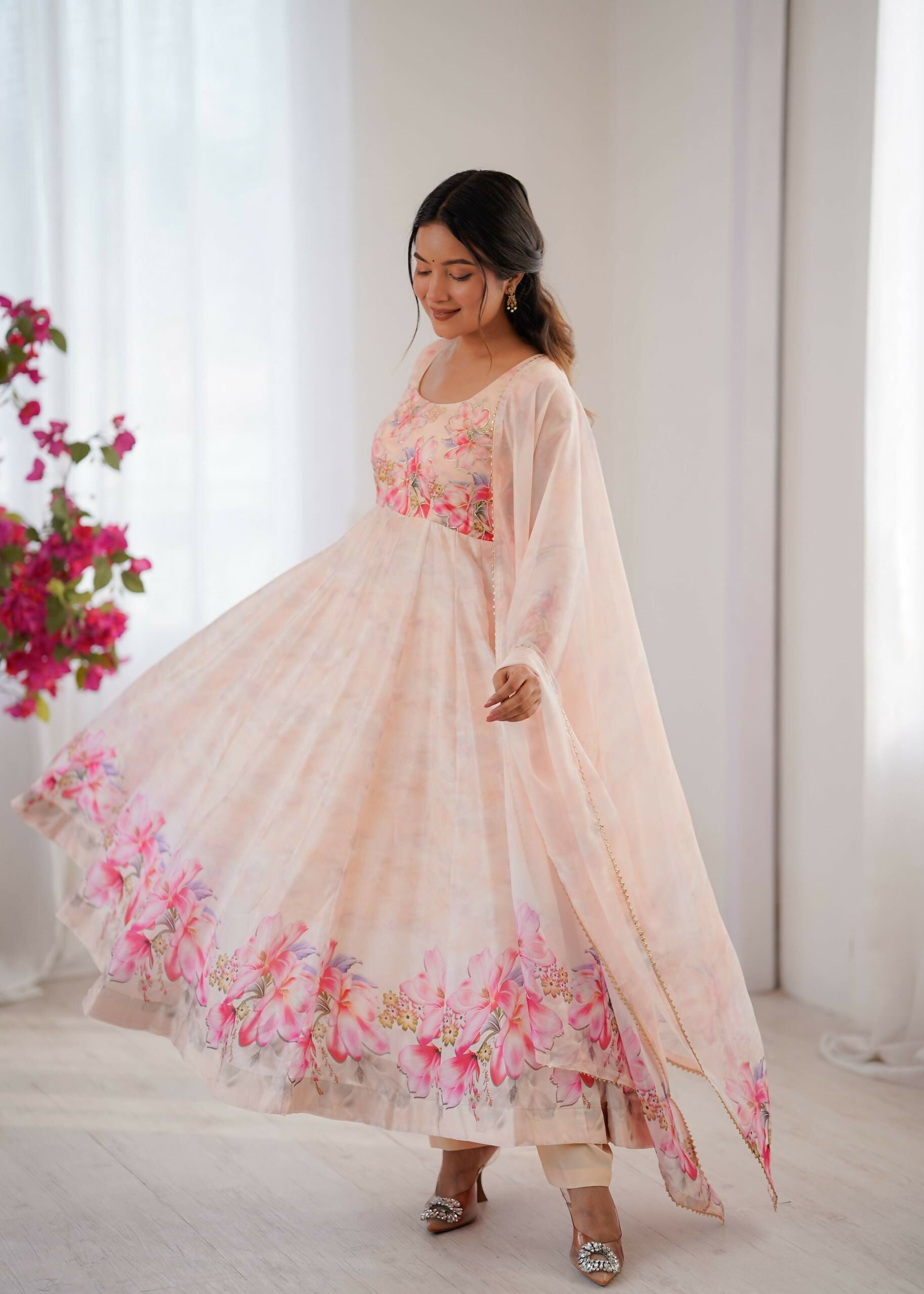 Teeya Creation Womens New Organza Soft Taby Silk Heavy Quality Fabric With Digital Print Baby-Pink Gown Set