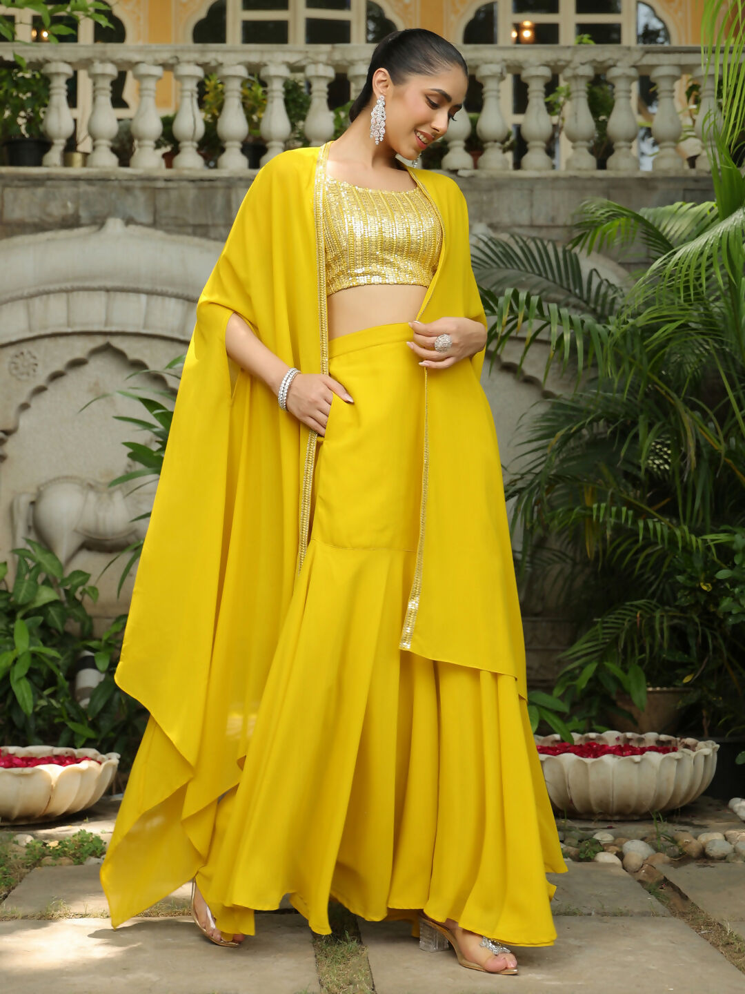 Janasya Yellow Georgette Sequined Top Bottom Cape 
