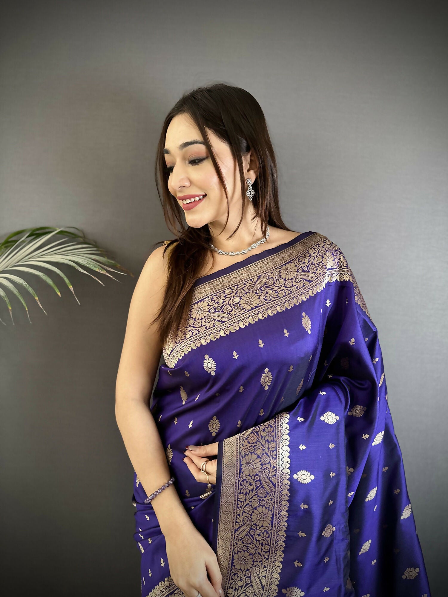 Joban Fashion Royal Blue Zari Weaving Motif Lichi Silk Banarasi Silk Saree