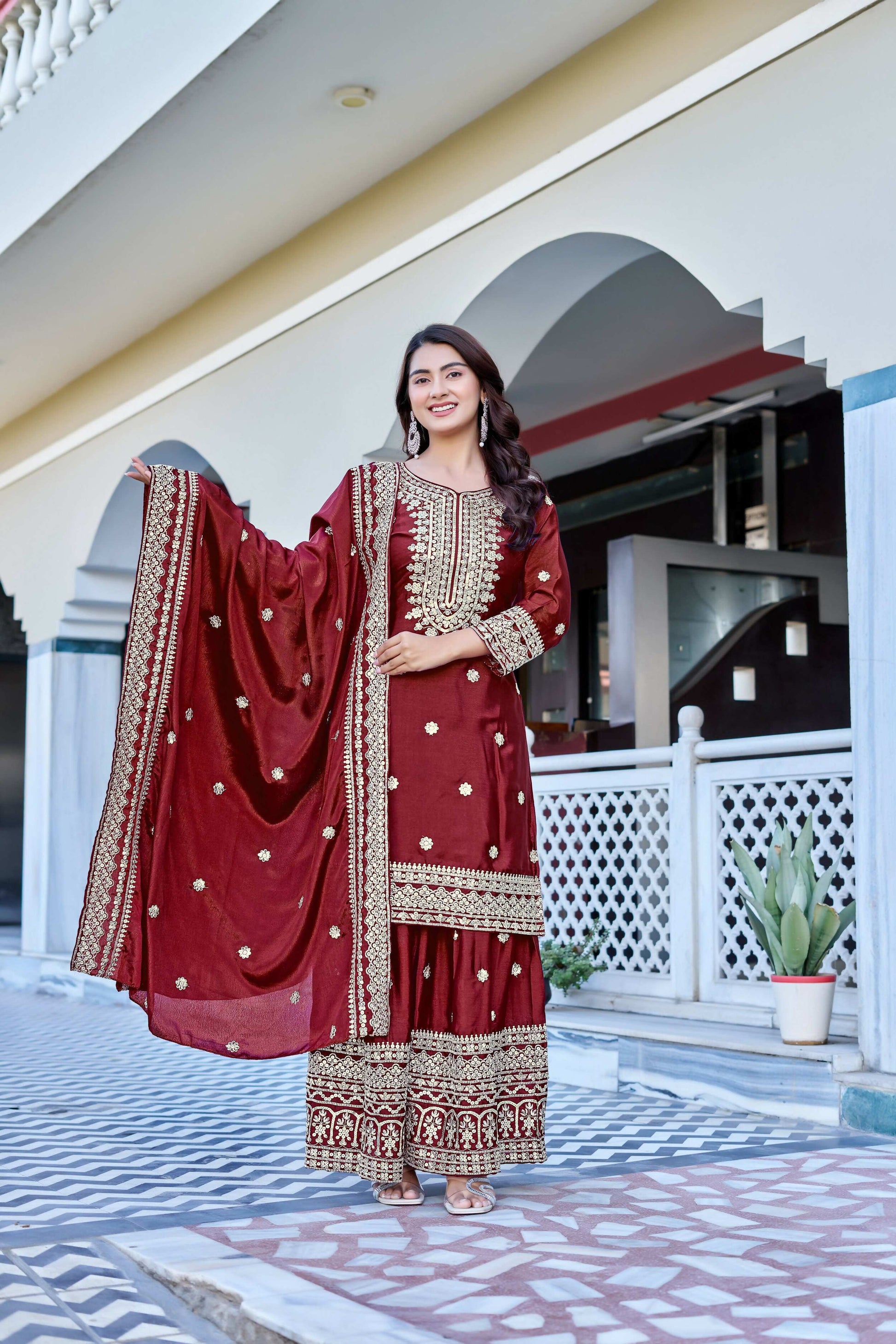 Teeya Creation Maroon Color Chinon Silk Heavy Embroidery Work Wedding Wear Sharara