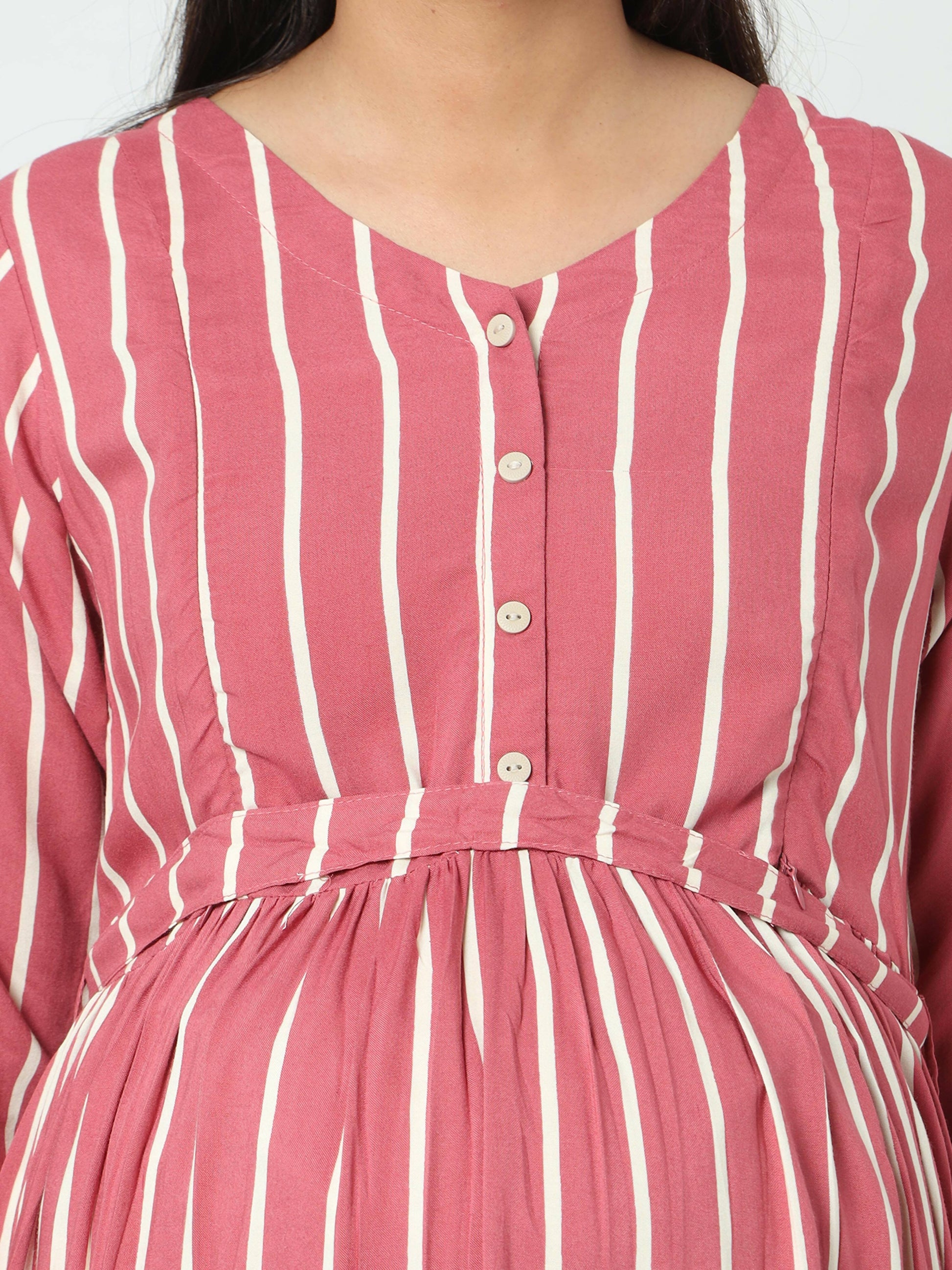 Manet Three Fourth Maternity Dress Striped With Concealed Zipper Nursing Access - Pink