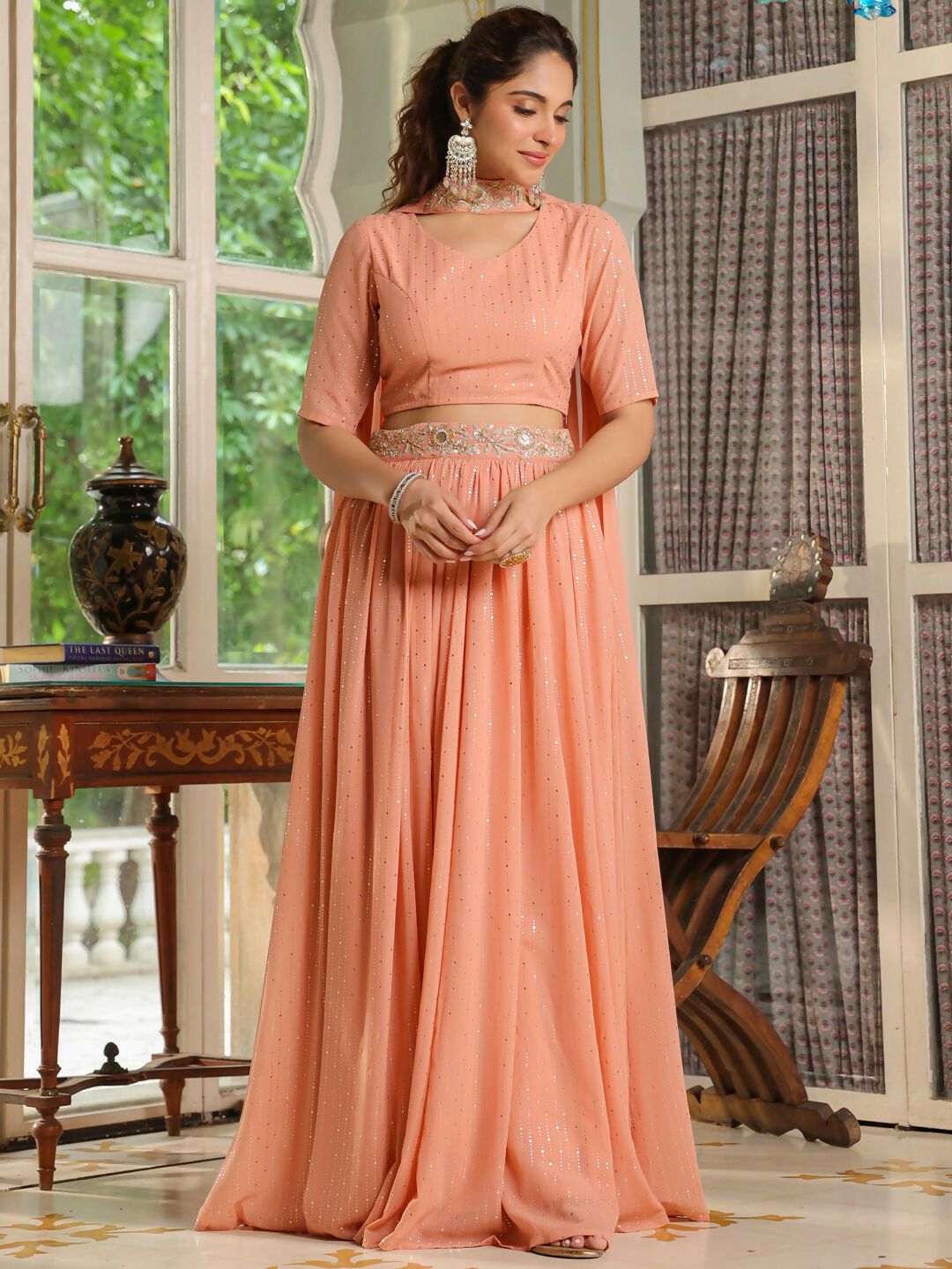 Janasya Peach Georgette Foil Print Lehenga Choli Dupatta 