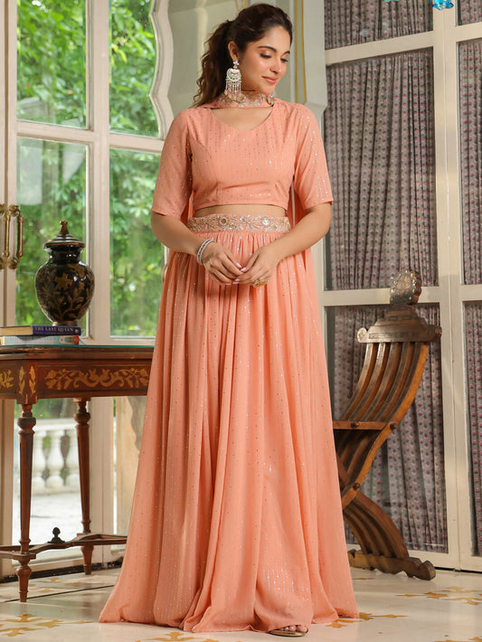 Janasya Peach Georgette Foil Print Lehenga Choli Dupatta 