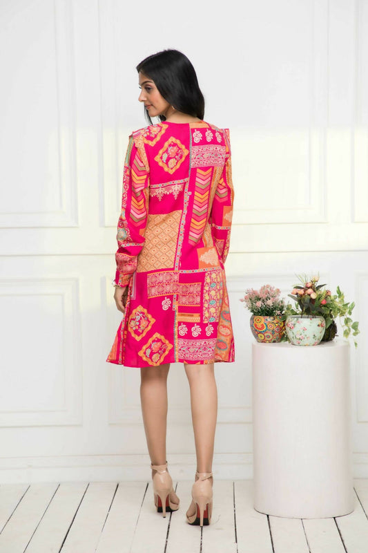 Myshka Women Red Geometric Rayon A-Line Round Neck Dress - Grab2buy