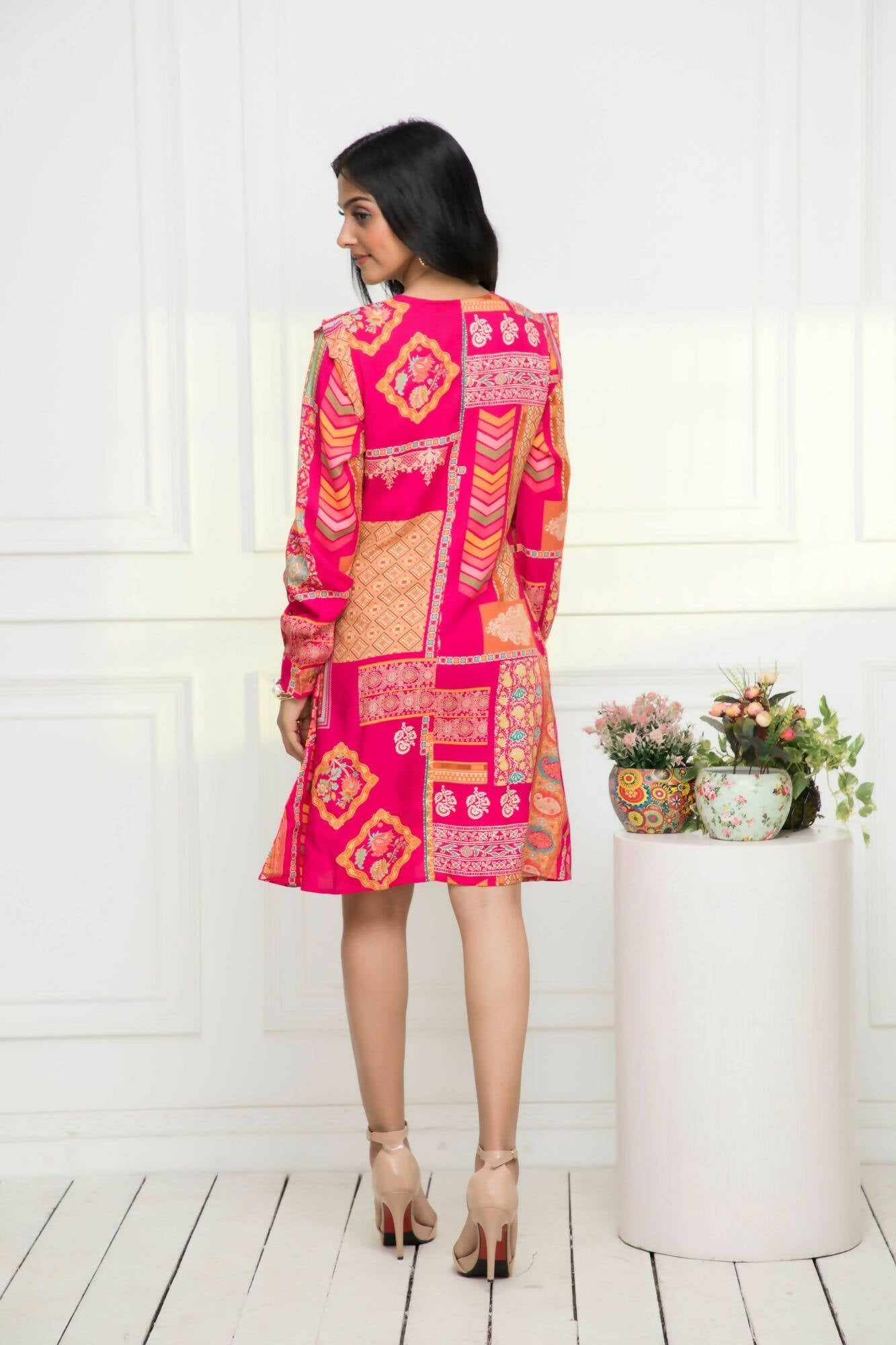 Myshka Women Red Geometric Rayon A-Line Round Neck Dress
