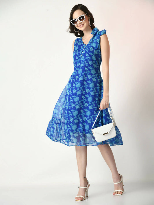 Myshka Women's Blue Fit and Flare Printed Dress