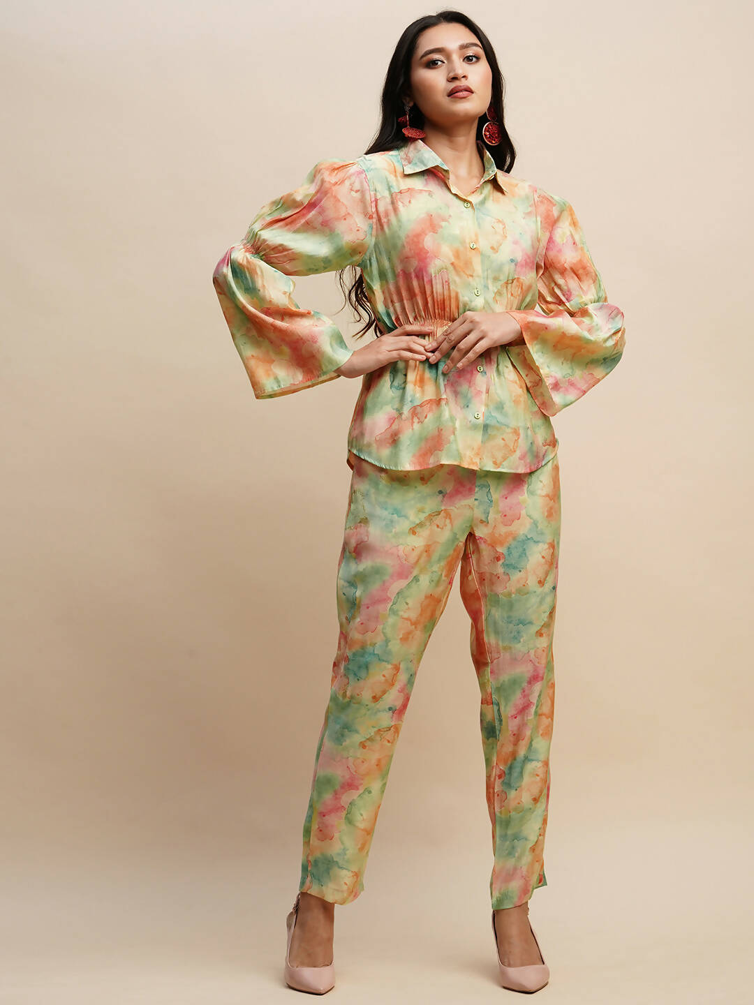 Light Green & Orange Poly Rayon Tie and dye Printed Top with Matching Trouser - Shivani