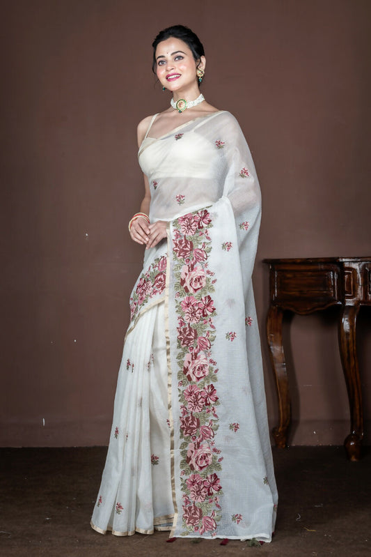 Morchari Off White Supernet Cross Embroidery Saree Unstitched Blouse