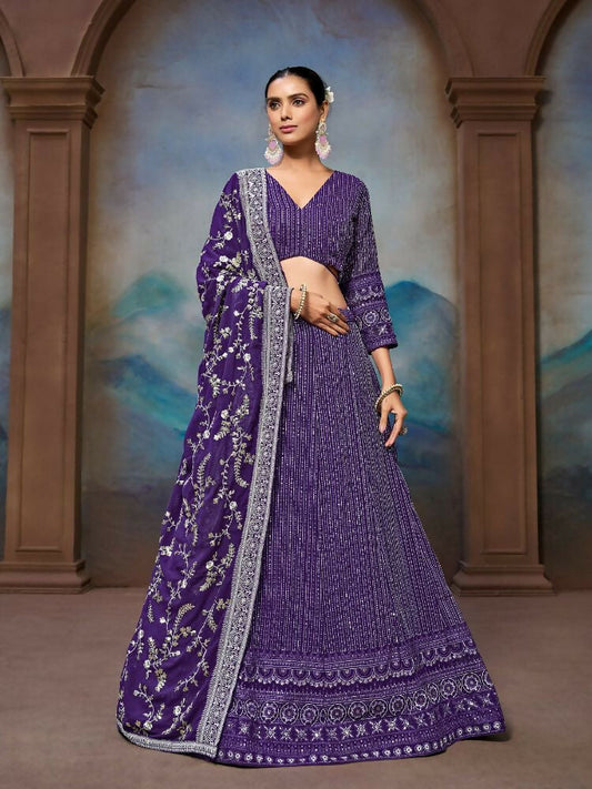 Purple Georgette Embroidery Work Lehenga Choli - Jihu Culture
