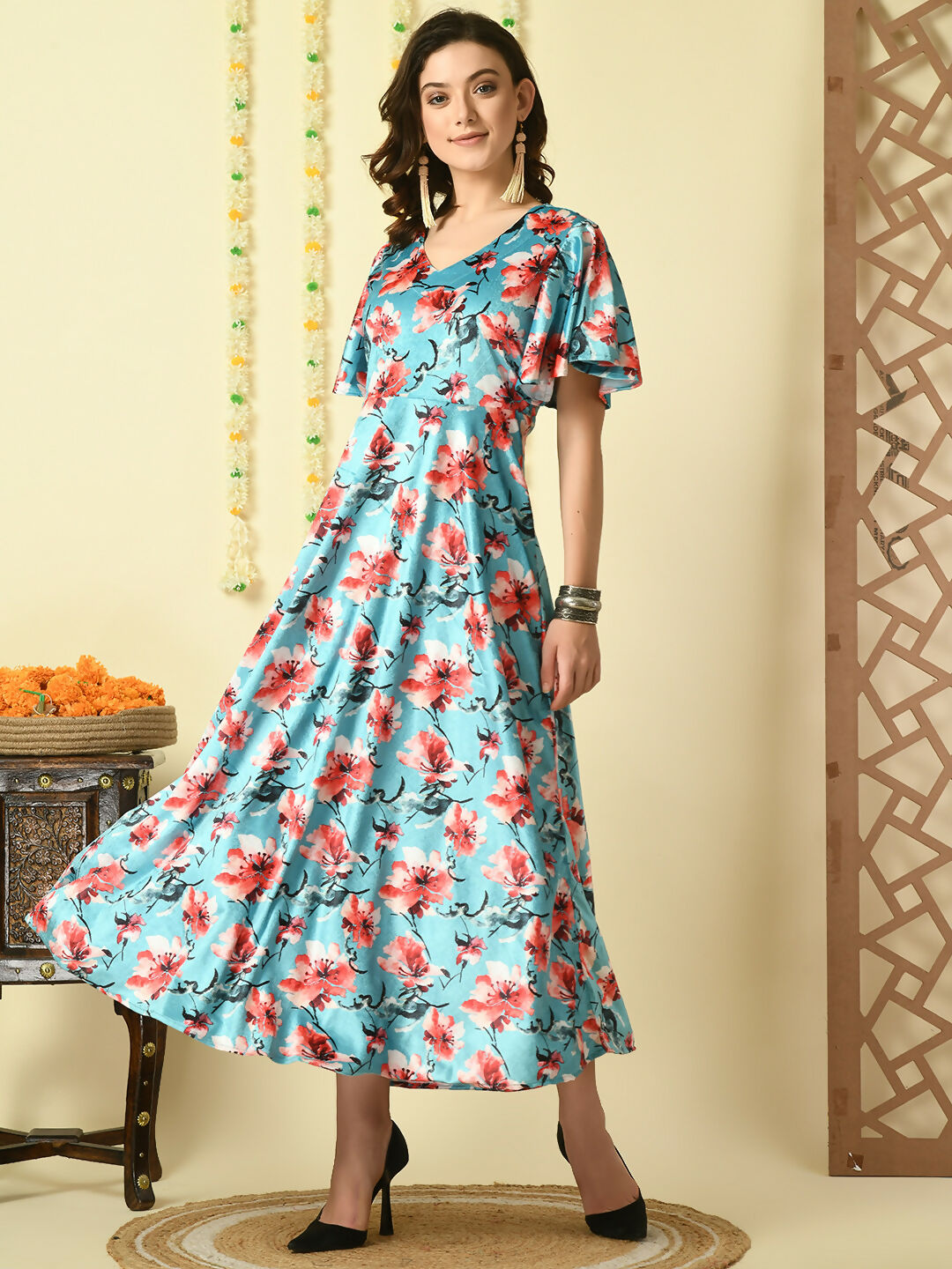 Myshka Women's Multi Printed Velvet Party Dress