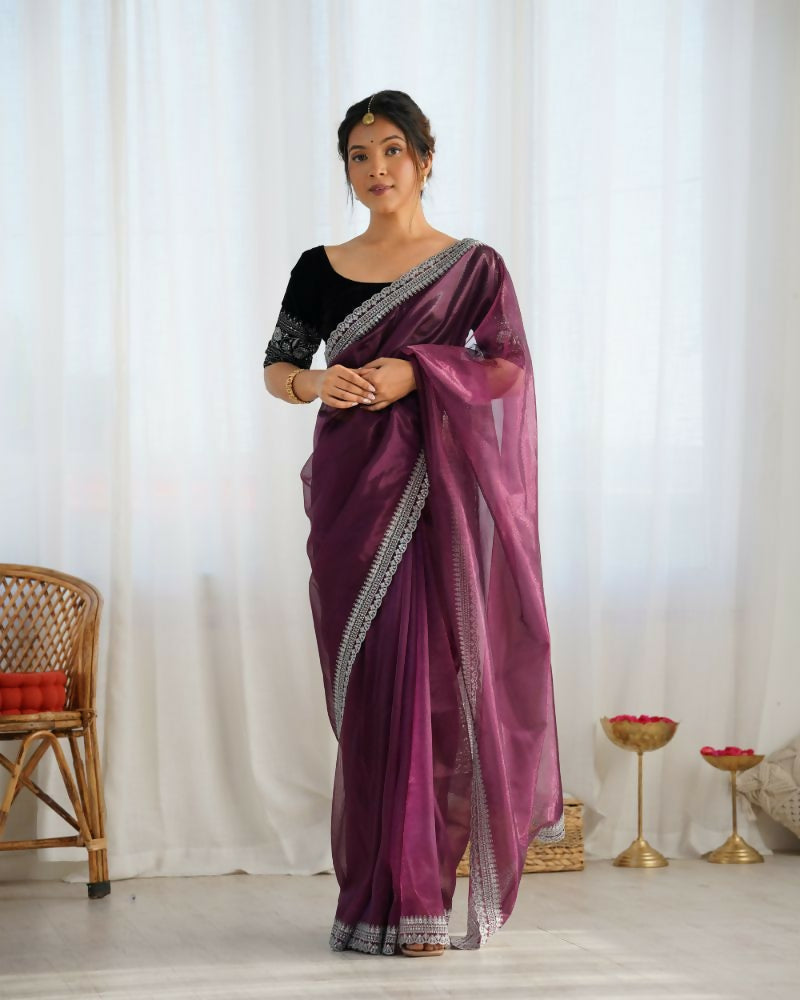 Attrctive Looking Gold Jari, Sequance Embroidery Work Twill Net Party Wear Saree - Wine