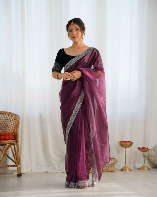 Attrctive Looking Gold Jari, Sequance Embroidery Work Twill Net Party Wear Saree - Wine